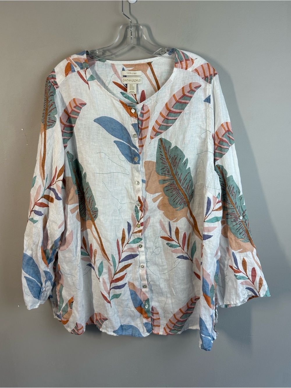 Cynthia Rowley Button Front Long Sleeve 100% Linen Leaf Print Top Size 3X